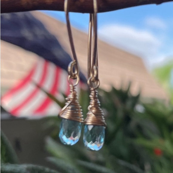 Aquamarine Quartz Crystal Earrings Artisan Designed 14k Gold Filled Wire - Picture 10 of 17